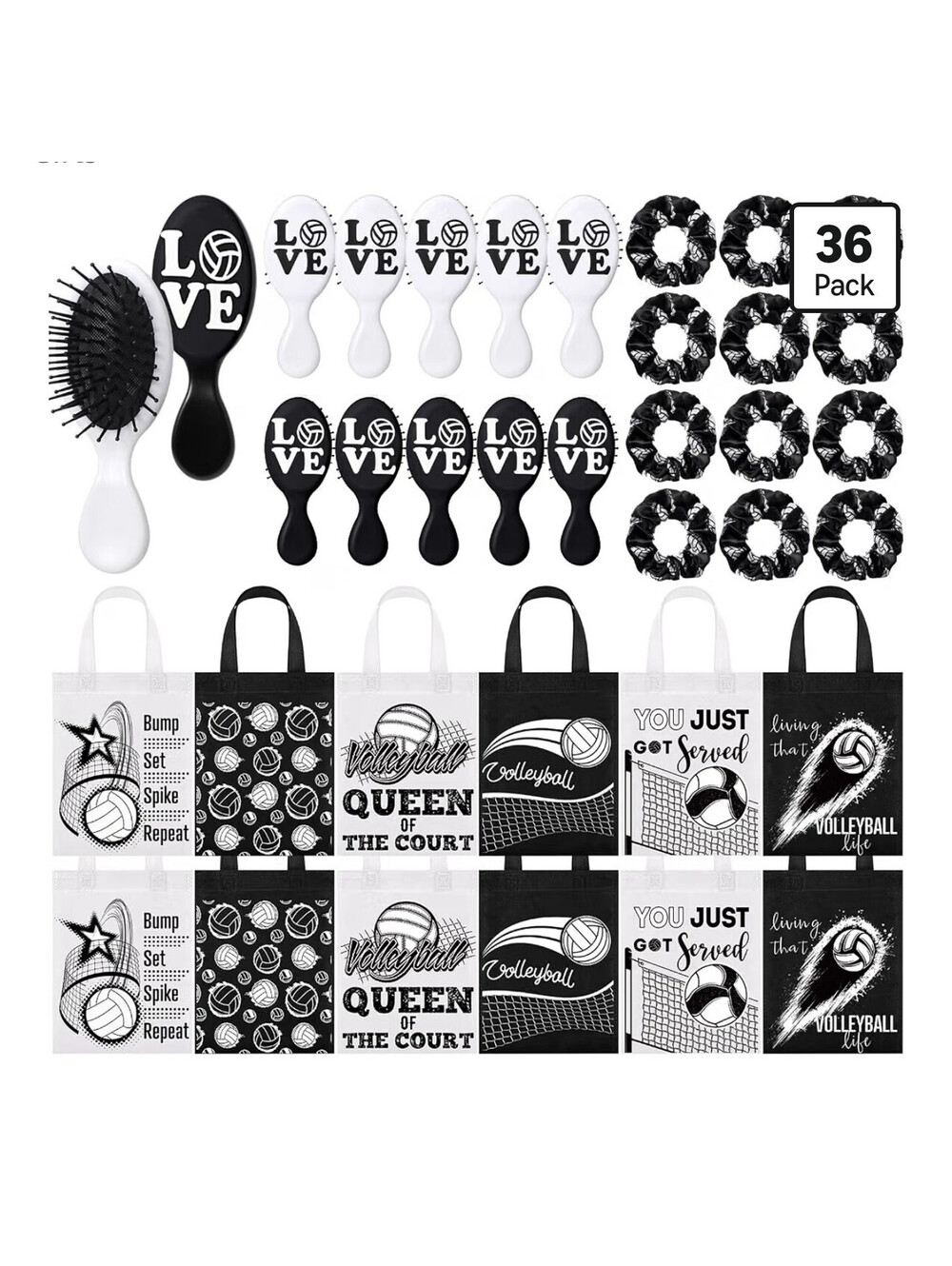 Teenyyou 36 Pcs Volleyball Party Favors Combs Scrunchies Tote Bags Black/White
